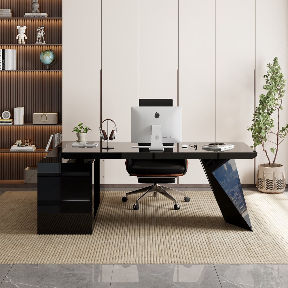 Modern Black L-Shape Executive Desk with Drawers & Swivel Black Leather Office Chair Set window image