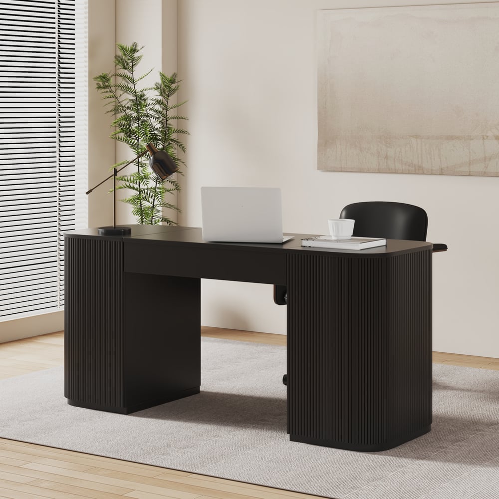 Modern Black Standing Computer Desk & Swivel Black Faux Leather Office Chair Set window image