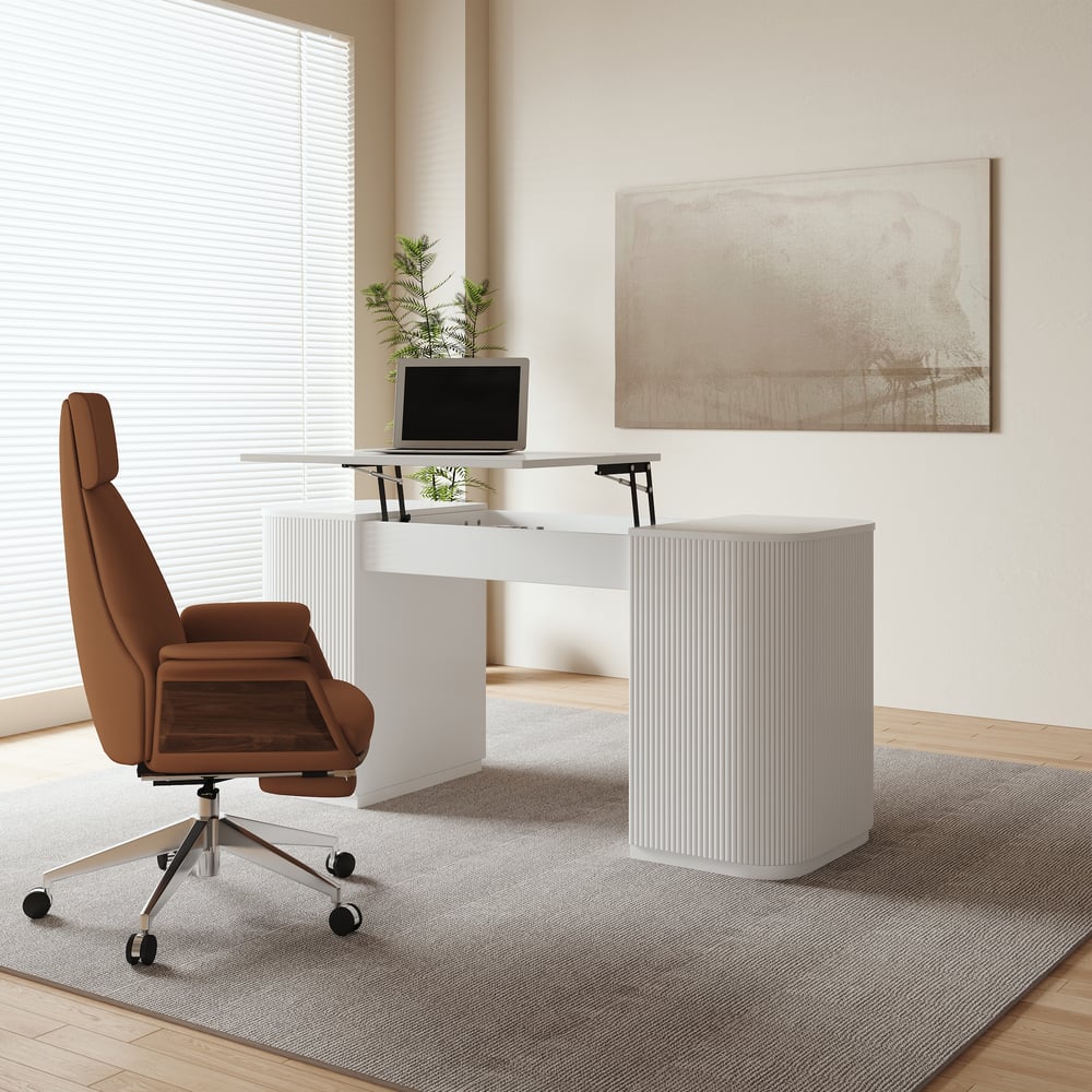 Modern White Standing Computer Desk & Footrest - Ergonomic Leather Office Desk Chair Set window image