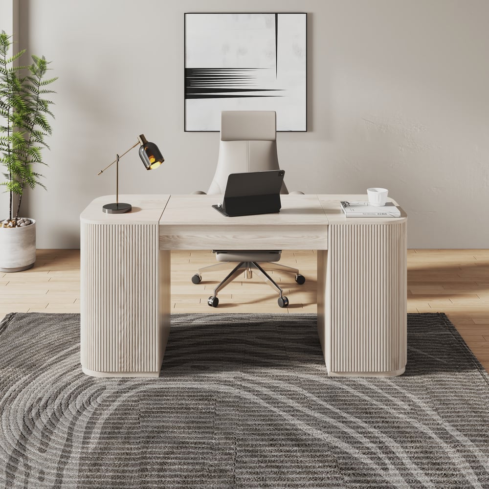 Modern Wash White Standing Computer Desk & Reclining Khaki Leather Office Desk Chair Set window image