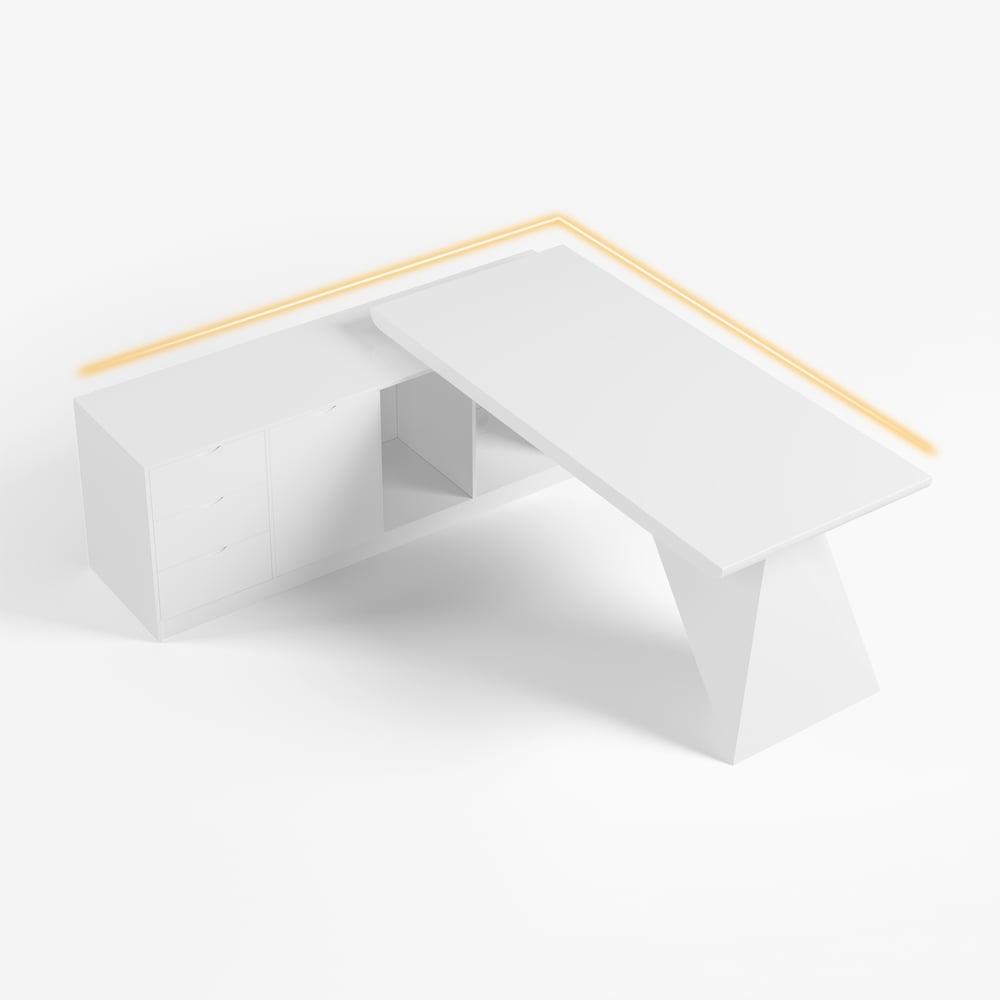 Modern White Large L-Shape Executive Desk with Drawers & Faux Leather Office Chair Set window image