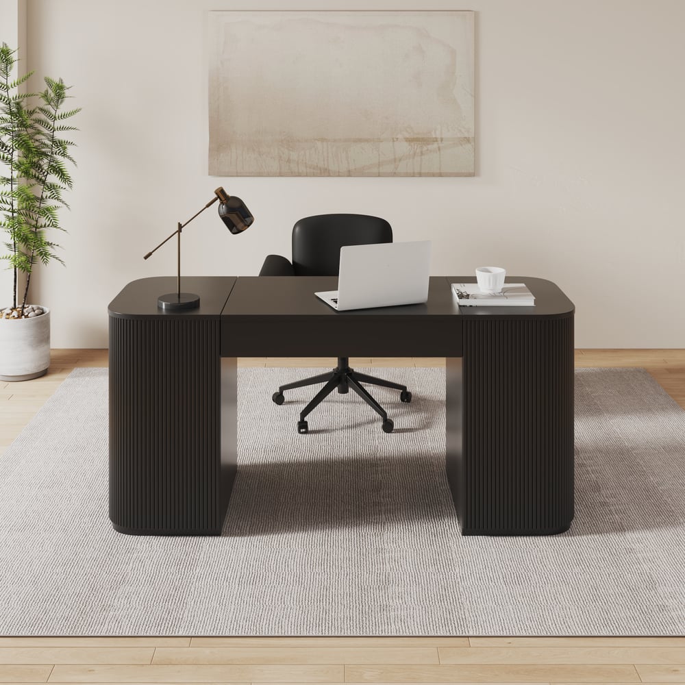 Modern Black Standing Computer Desk & Swivel Black Faux Leather Office Chair Set window image