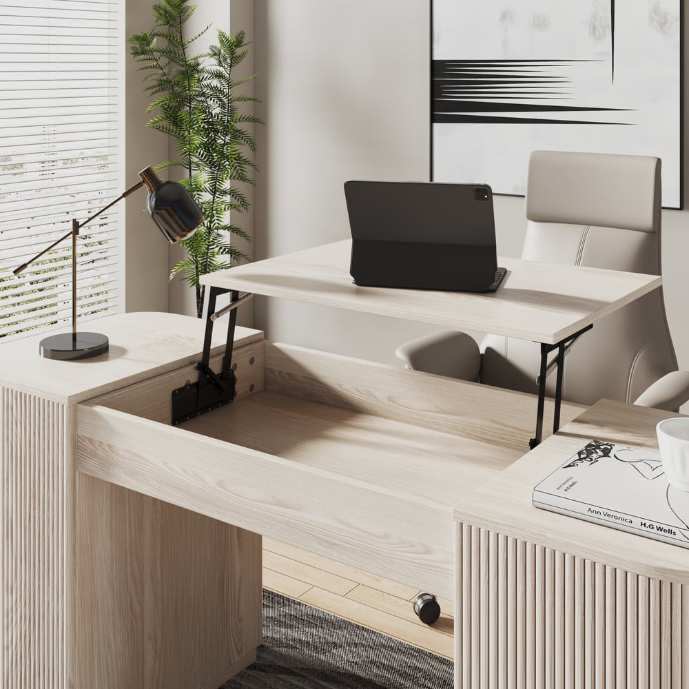 Modern Wash White Standing Computer Desk & Reclining Khaki Leather Office Desk Chair Set window image