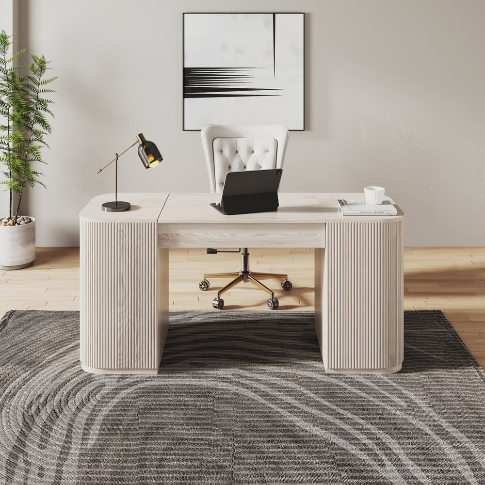 Modern Wash White Standing Computer Desk & Oakic Modern Leather  Swivel Desk Chair Set window image