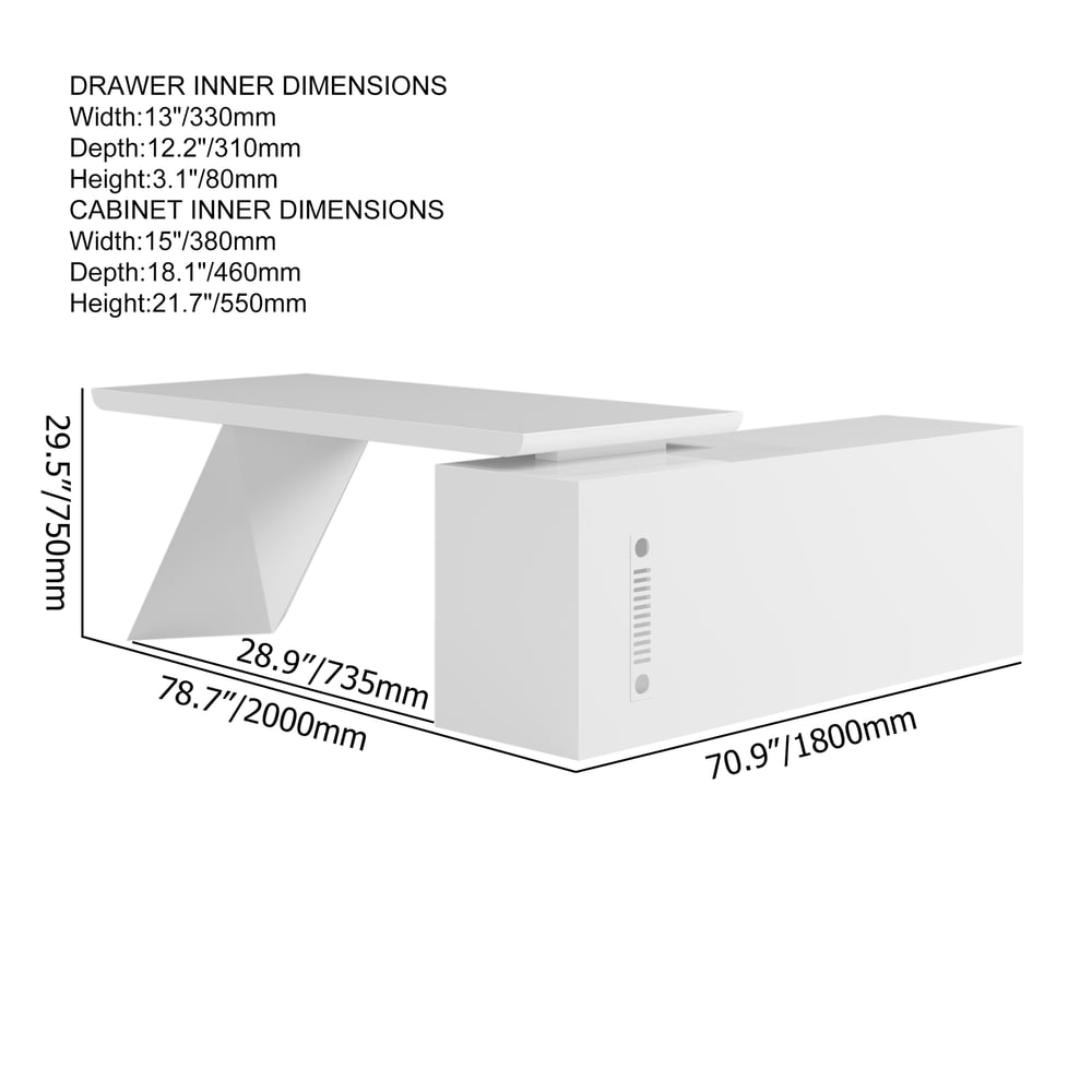 Modern White Large L-Shape Executive Desk with Drawers & Leather Office Desk Chair Set weights dimensions image
