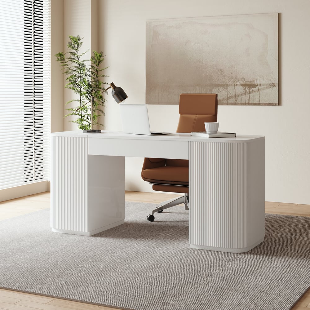Modern White Standing Computer Desk & Footrest - Ergonomic Leather Office Desk Chair Set window image