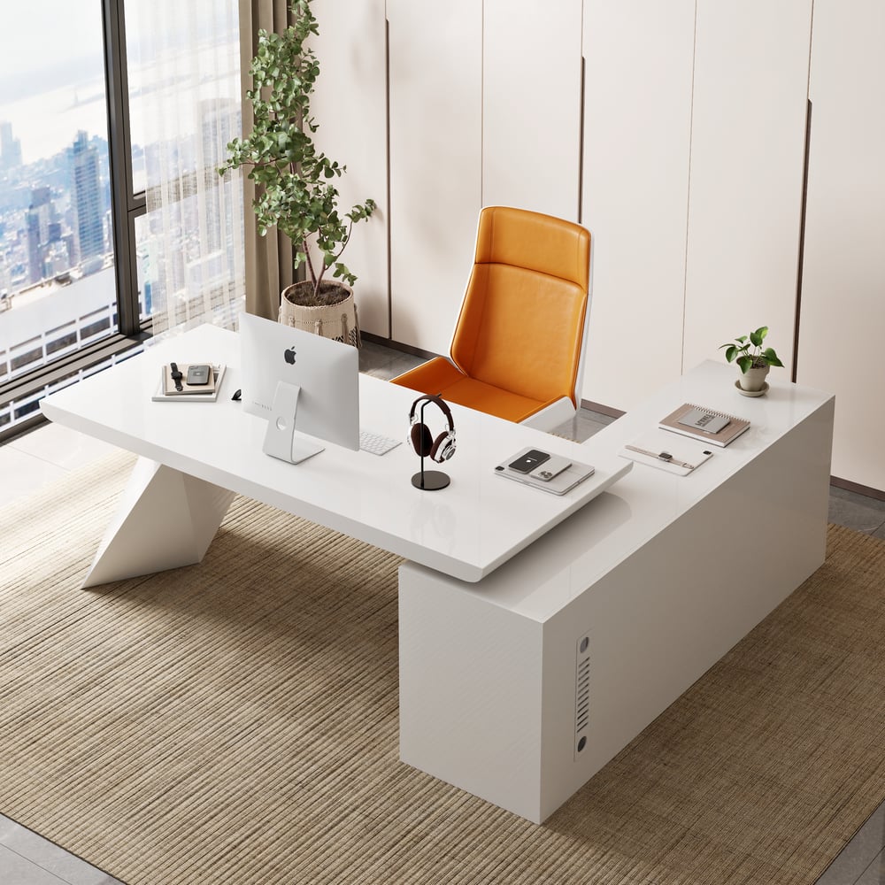 Modern White Large L-Shape Executive Desk with Drawers & Faux Leather Office Chair Set window image