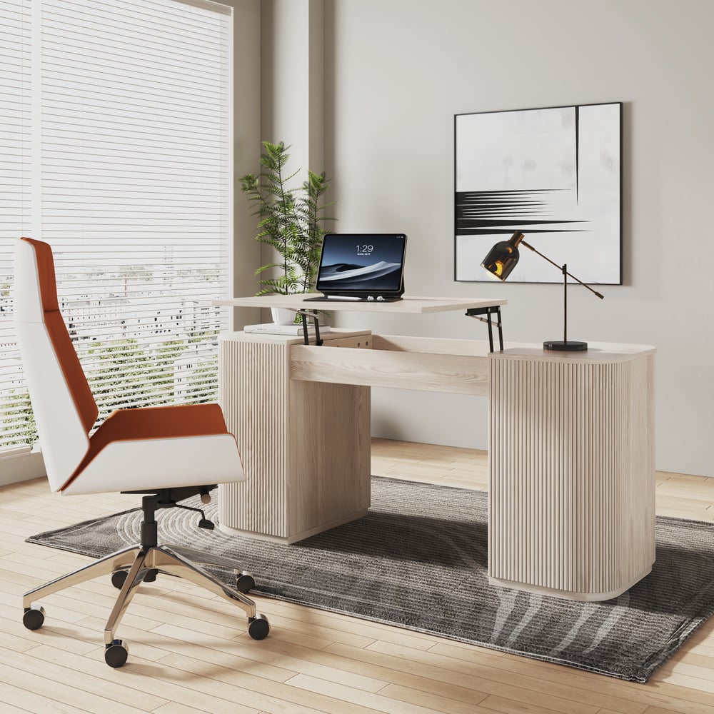 Modern Wash White Standing Computer Desk & Orange Faux Leather Office Chair Set window image