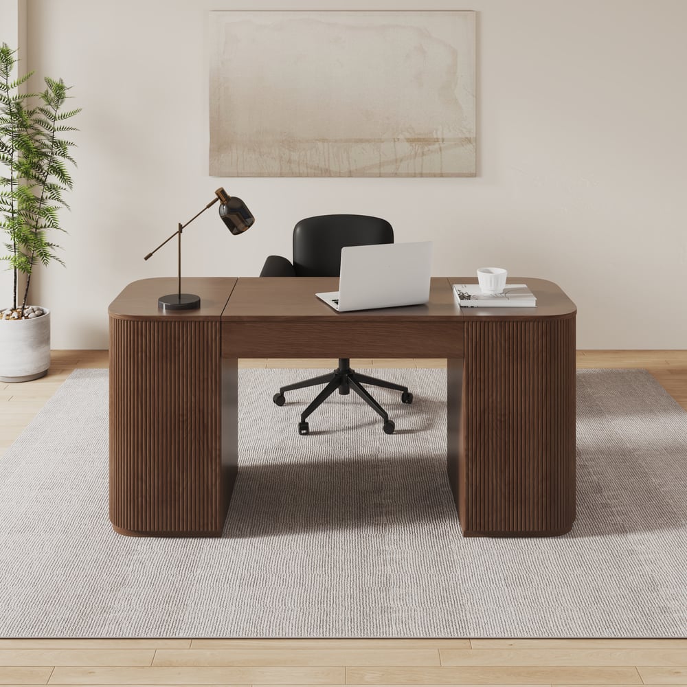 Modern Walnut Standing Writing Desk  & Faux Leather Office Chair Set (59.8" ) window image