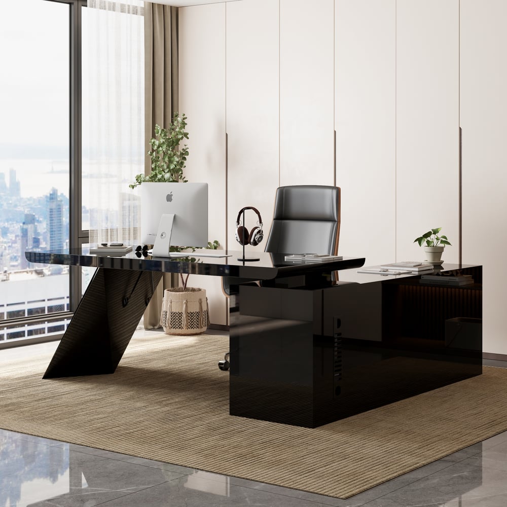 Modern Black L-Shape Executive Desk with Drawers & Black Faux Leather Office Desk Chair window image