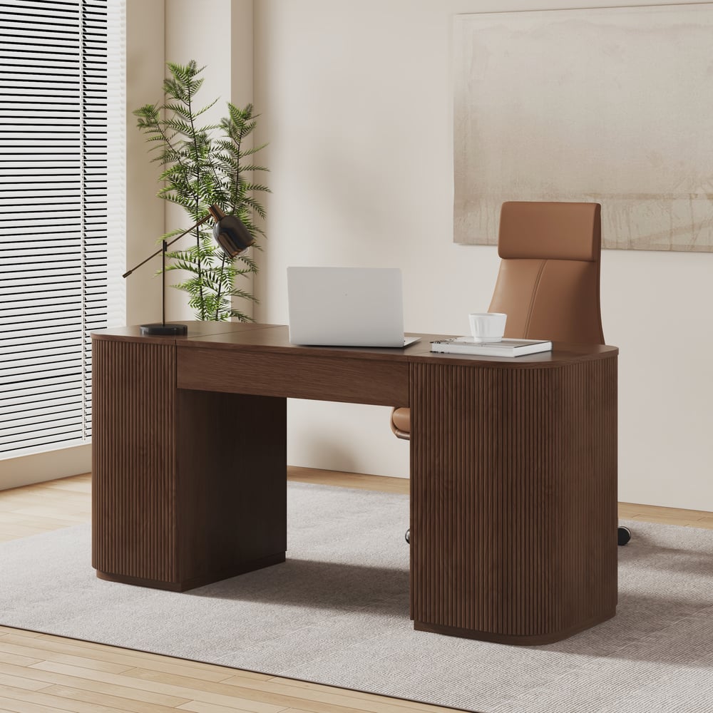 Modern Walnut Standing Writing Desk & Reclining Office Desk Chair Set (59.8" ) window image