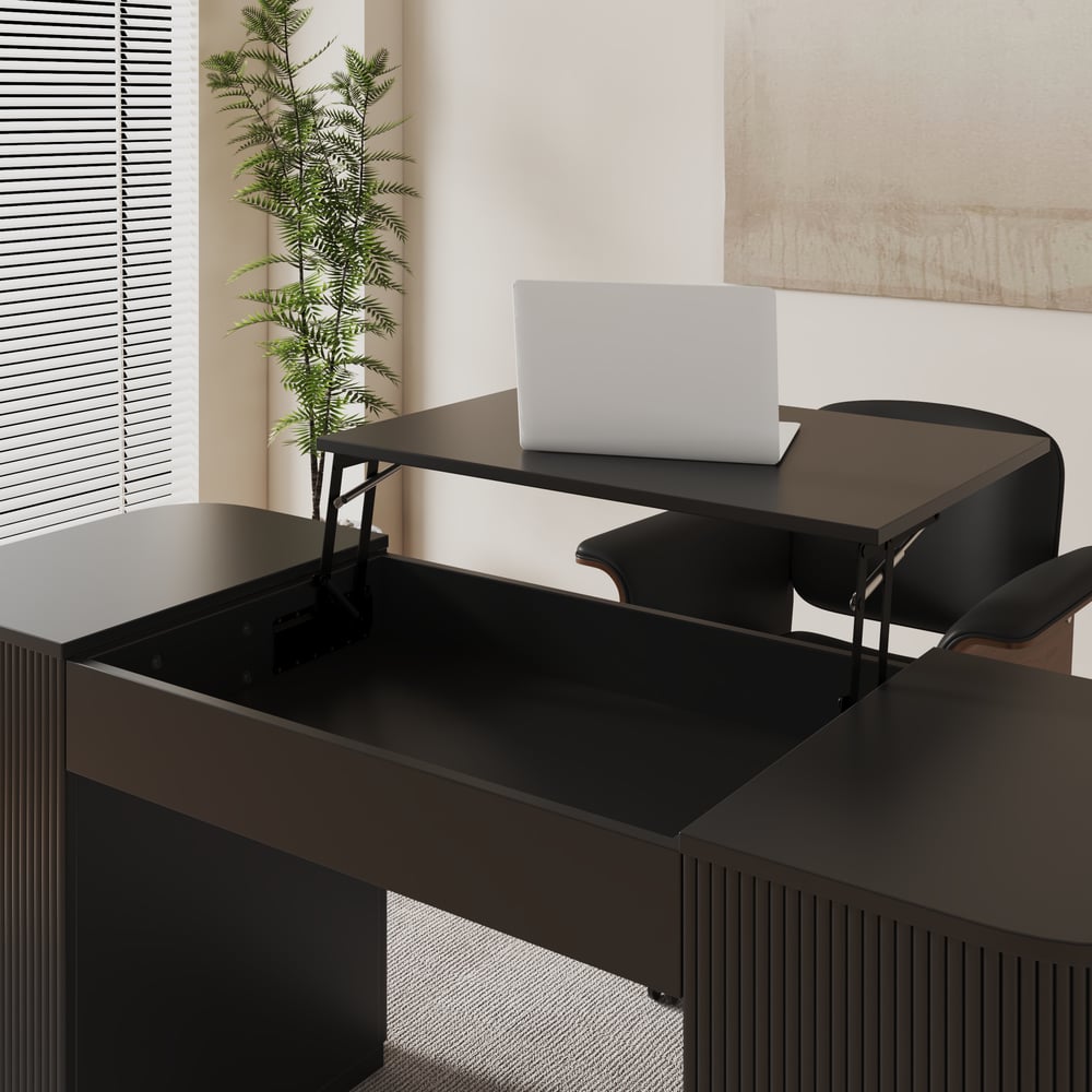 Modern Black Standing Computer Desk & Swivel Black Faux Leather Office Chair Set window image