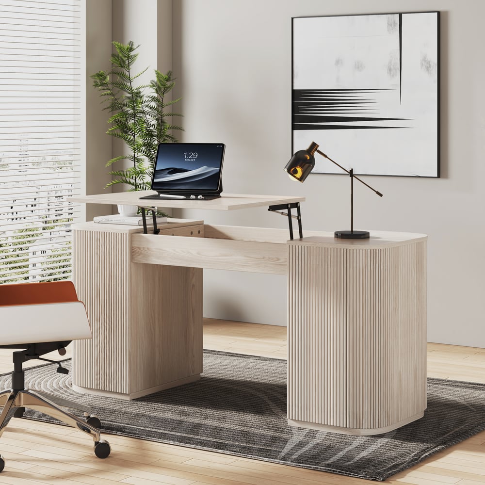 Modern Wash White Standing Computer Desk & Orange Faux Leather Office Chair Set window image