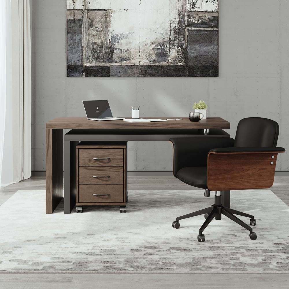 Modern Rotatable L-Shaped Executive Desk & Swivel Black Faux Leather Office Chair Set window image