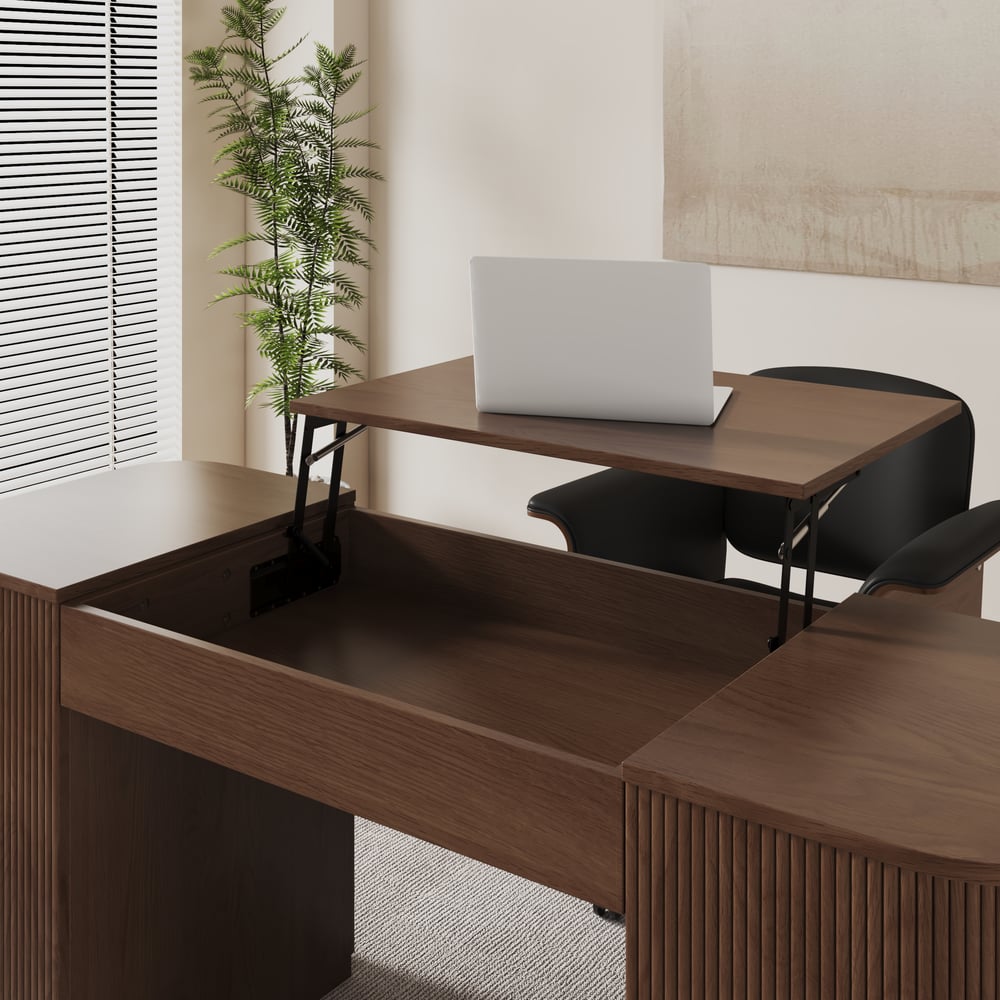 Modern Walnut Standing Writing Desk  & Faux Leather Office Chair Set (59.8" ) window image