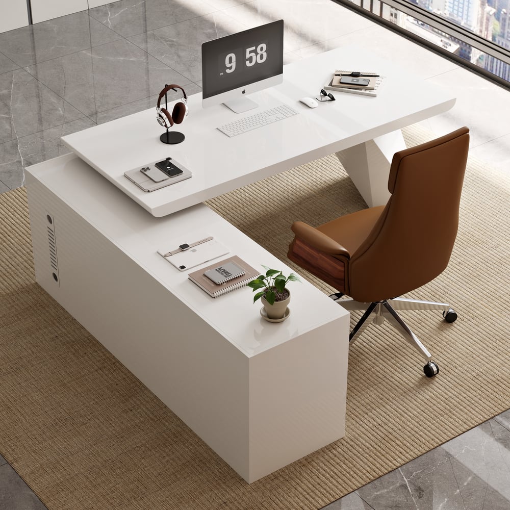 Modern White Large L-Shape Executive Desk with Drawers & Leather Office Desk Chair Set window image
