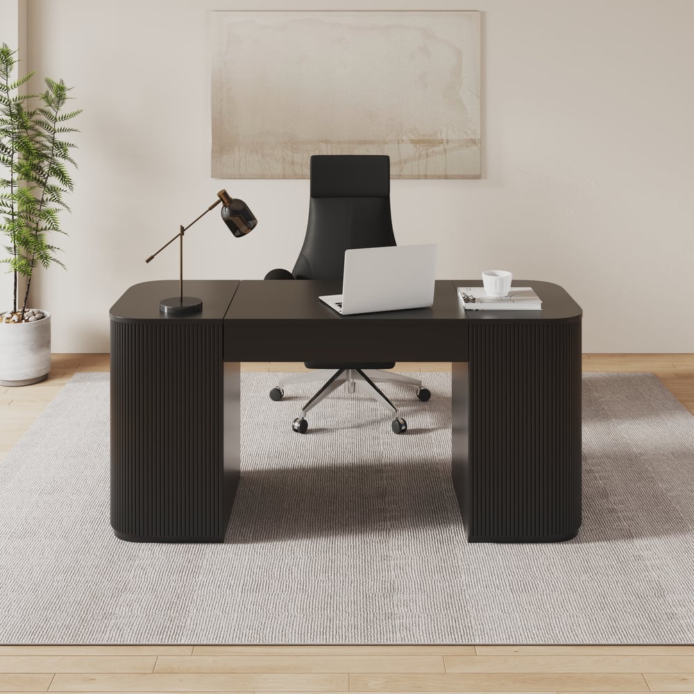 Modern Black Standing Computer Desk & Swivel Black Leather Office Desk Chair Set window image