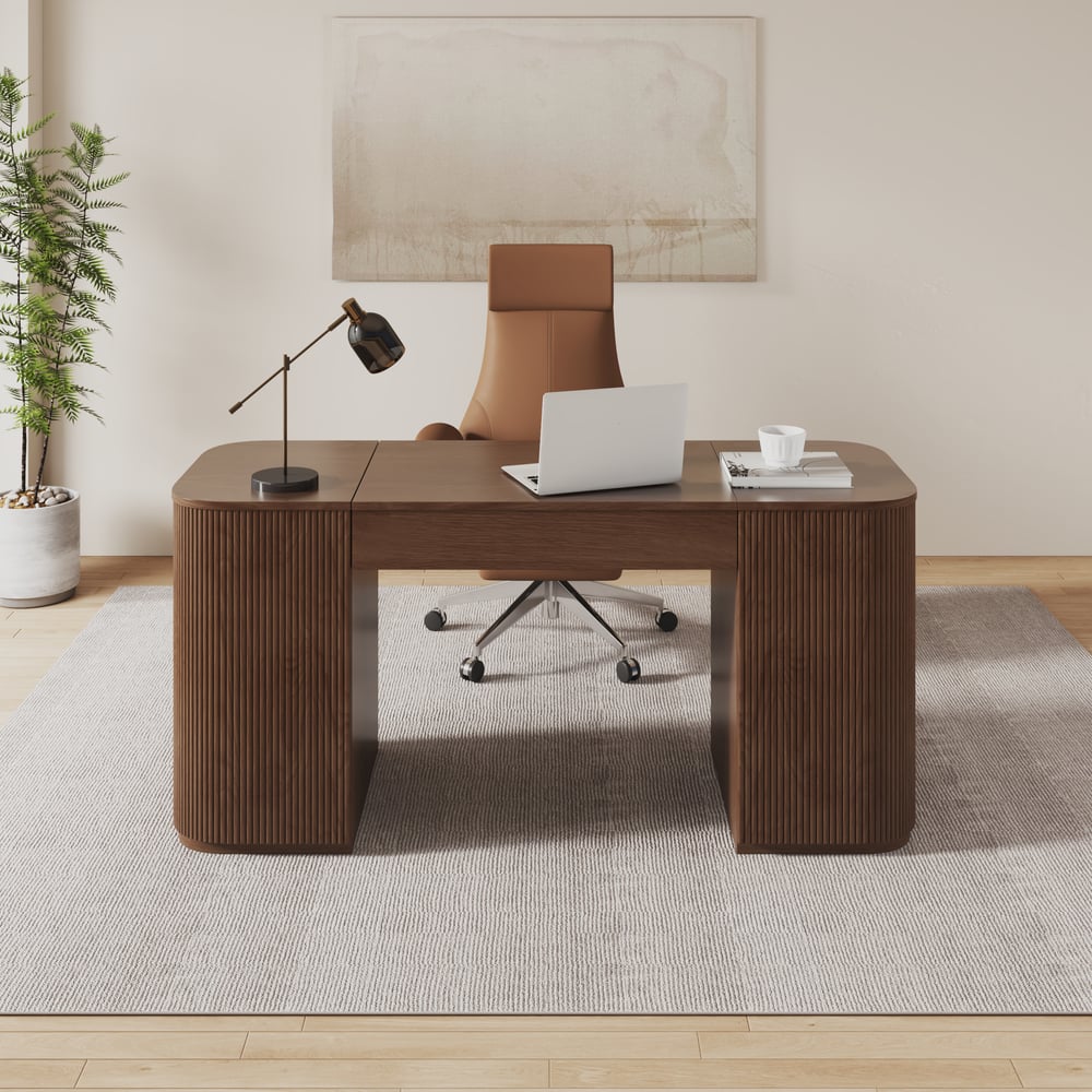 Modern Walnut Standing Writing Desk & Reclining Office Desk Chair Set (59.8" ) window image