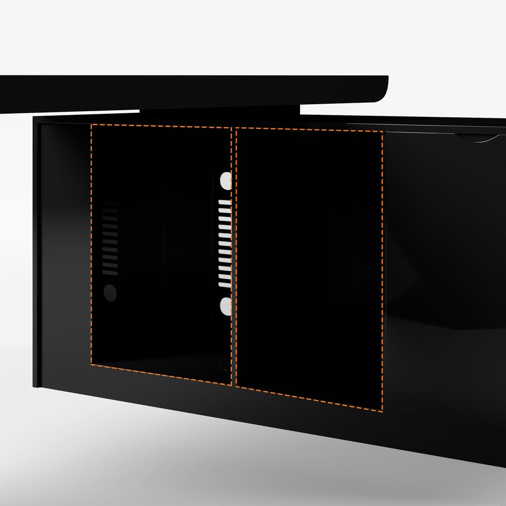 Modern Black L-Shape Executive Desk with Drawers & Black Faux Leather Office Desk Chair window image