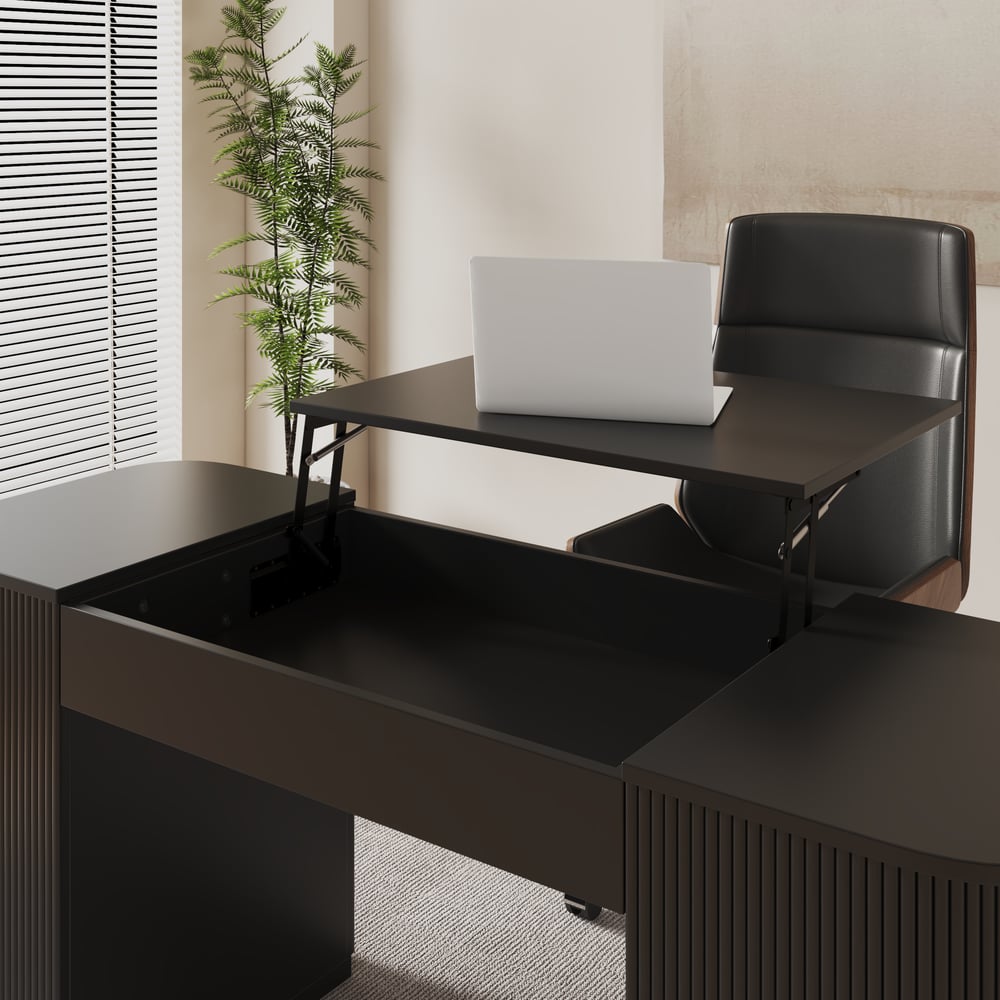 Modern Black Standing Computer Desk & Black Faux Leather Office Chair Set window image