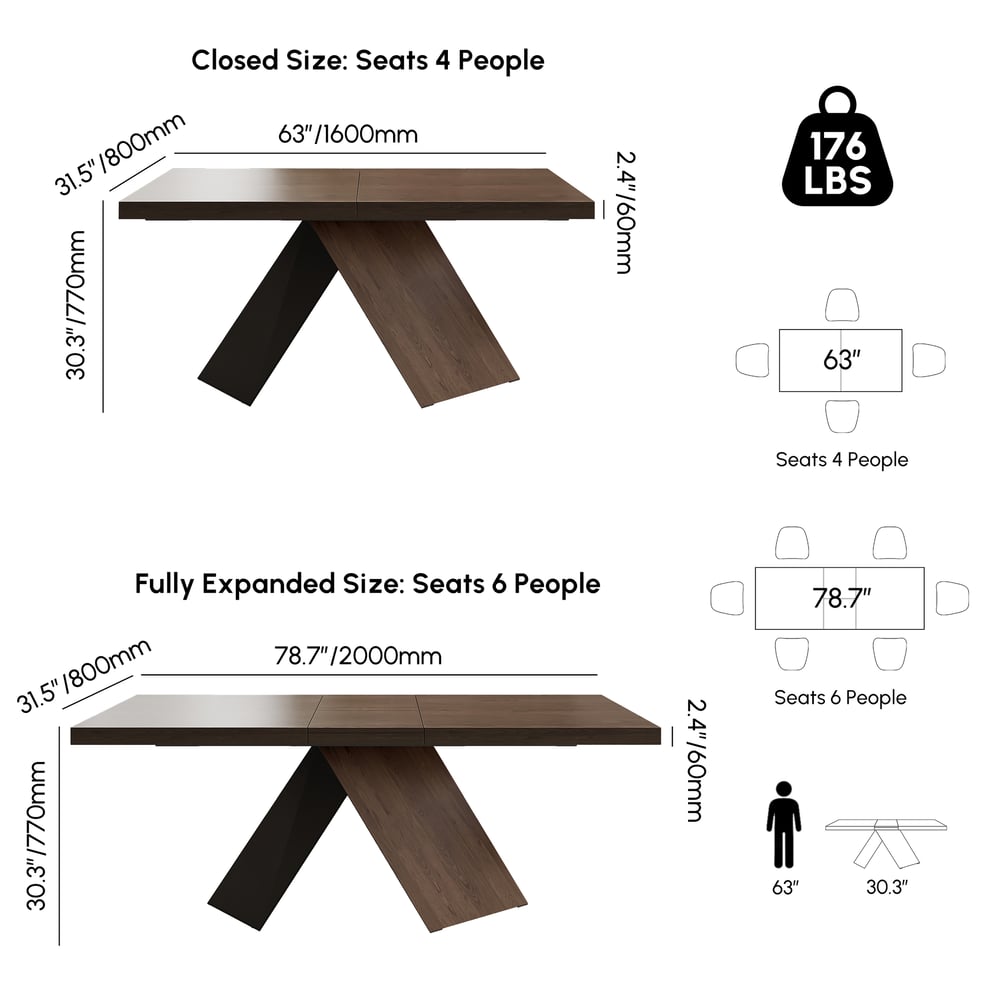 Table de salle à manger extensible en noyer de 1630 mm à 2030 mm, base piédestal de ferme moderne pour 4 à 6 personnes image de fenêtre