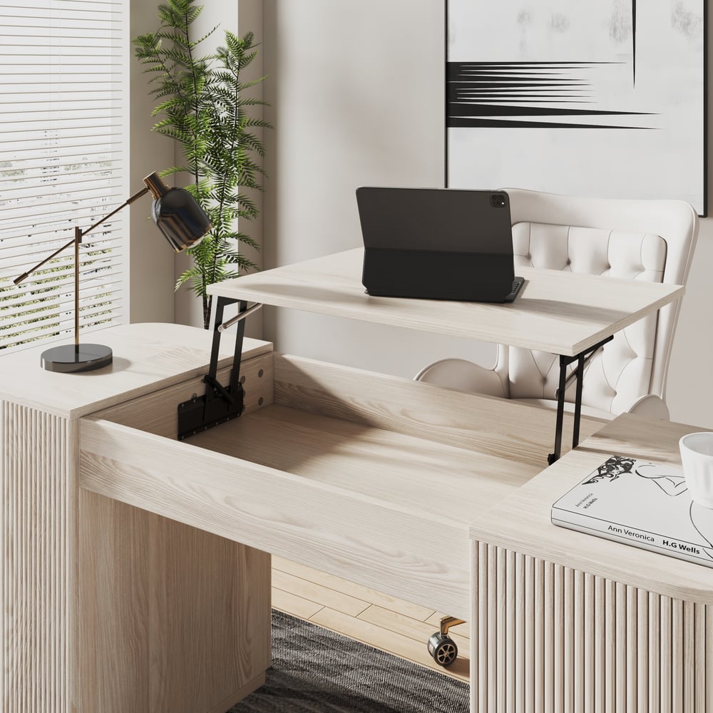 Modern Wash White Standing Computer Desk & Oakic Modern Leather  Swivel Desk Chair Set window image