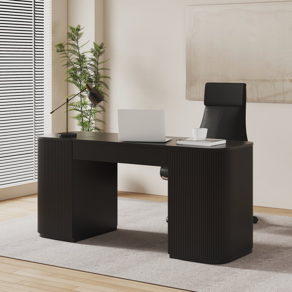 Modern Black Standing Computer Desk & Swivel Black Leather Office Desk Chair Set window image