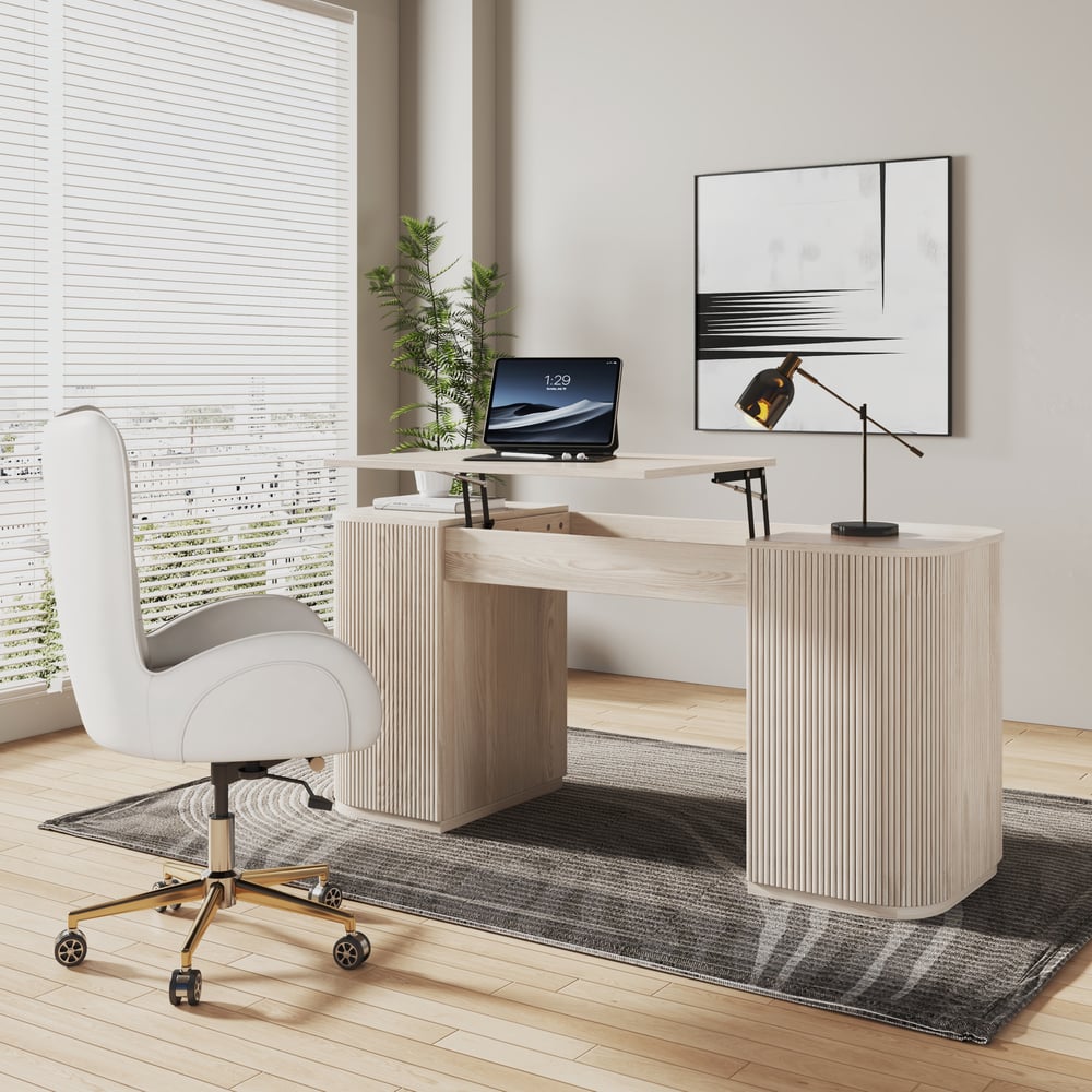 Modern Wash White Standing Computer Desk & Oakic Modern Leather  Swivel Desk Chair Set window image