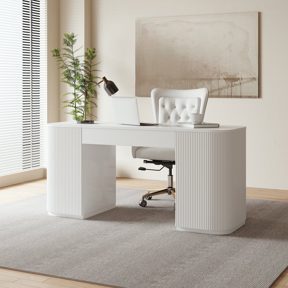 Modern White Standing Computer Desk & Swivel White Leather Office Desk Chair Set window image