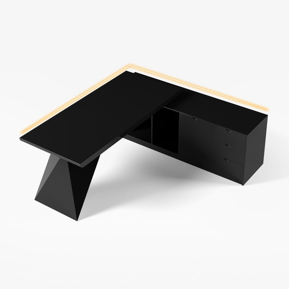 Modern Black L-Shape Executive Desk with Drawers & Swivel Leather Office Desk Chair Set window image