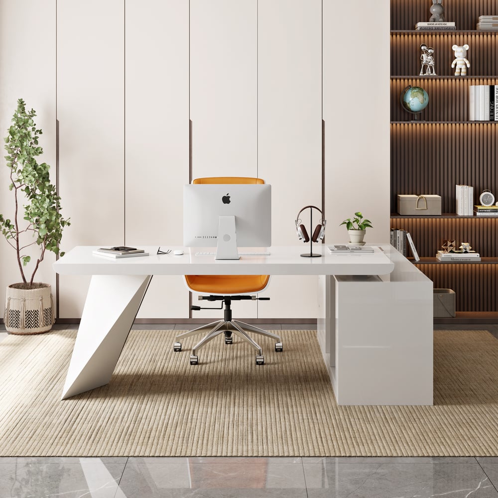 Modern White Large L-Shape Executive Desk with Drawers & Faux Leather Office Chair Set window image