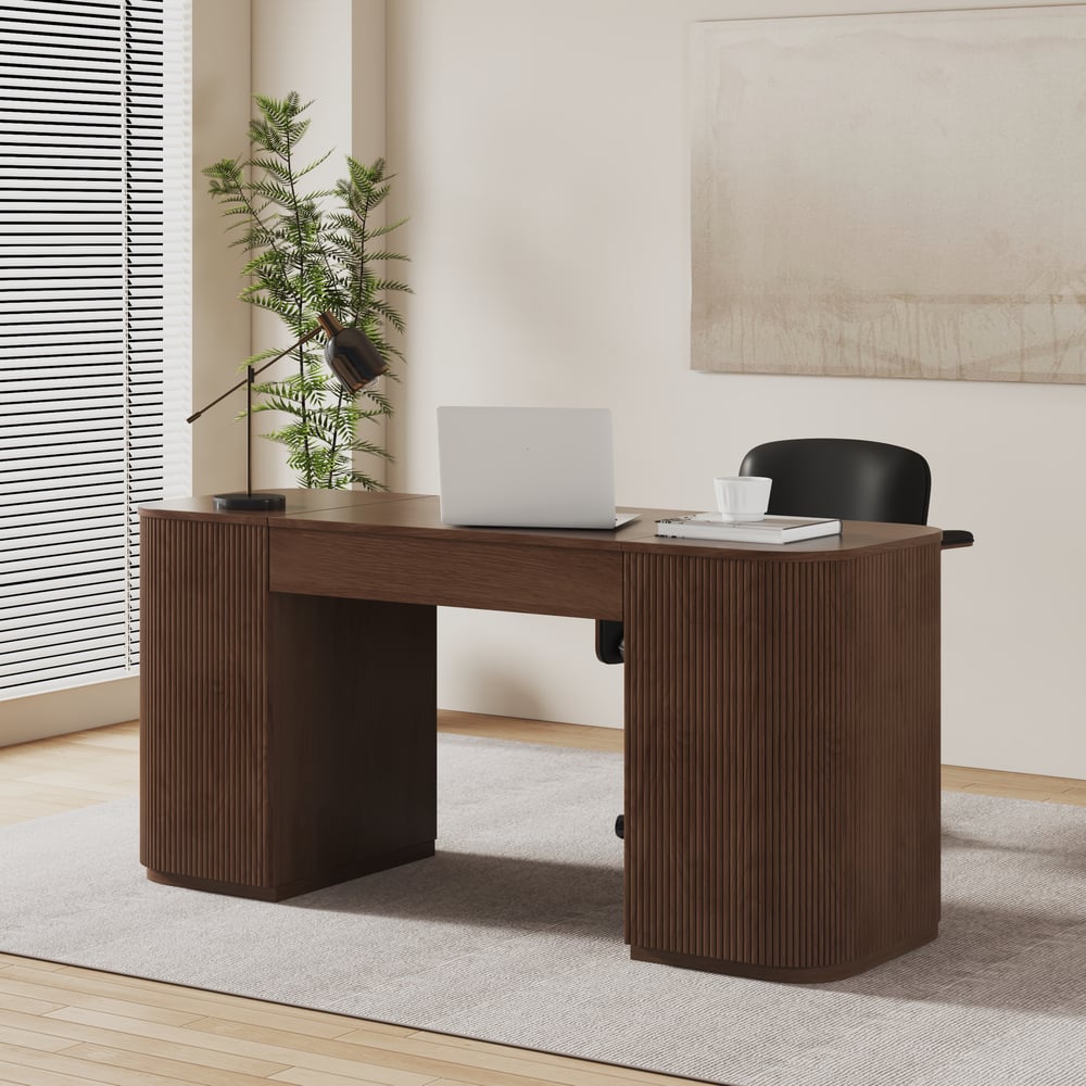 Modern Walnut Standing Writing Desk  & Faux Leather Office Chair Set (59.8" ) window image