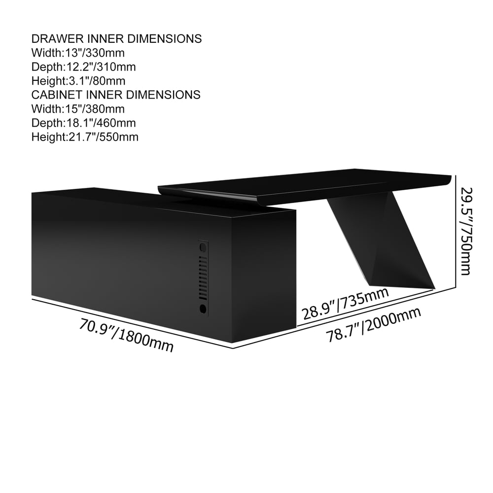 Modern Black L-Shape Executive Desk with Drawers & Swivel Black Leather Office Chair Set weights dimensions image