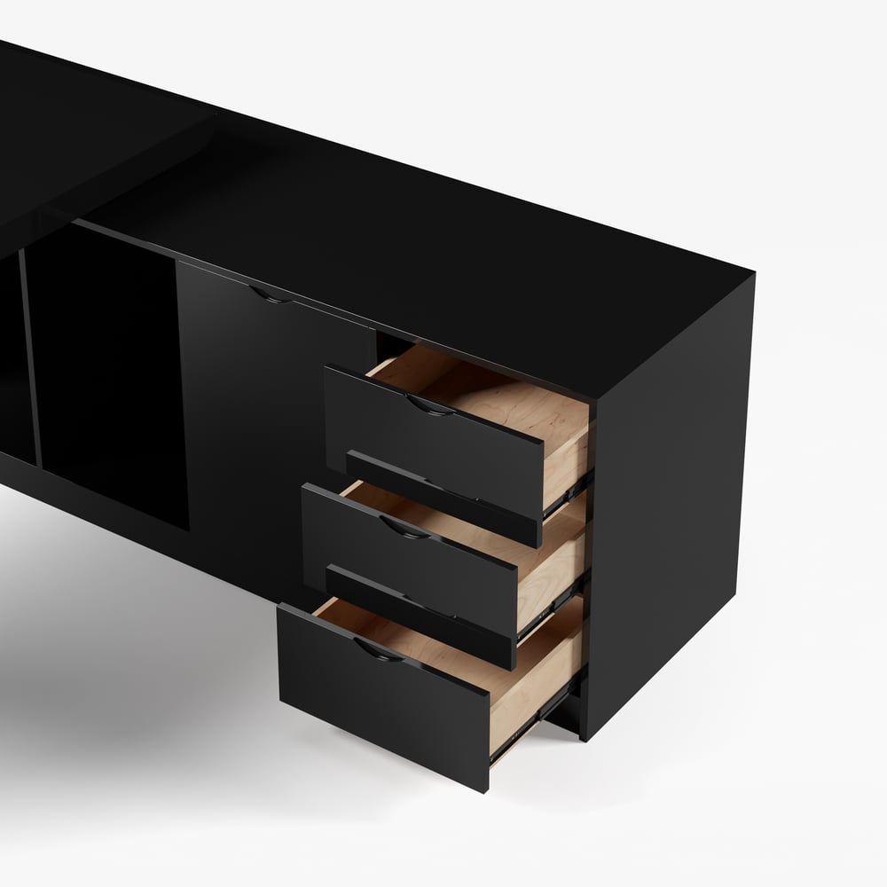 Modern Black L-Shape Executive Desk with Drawers & Swivel Black Leather Office Chair Set window image