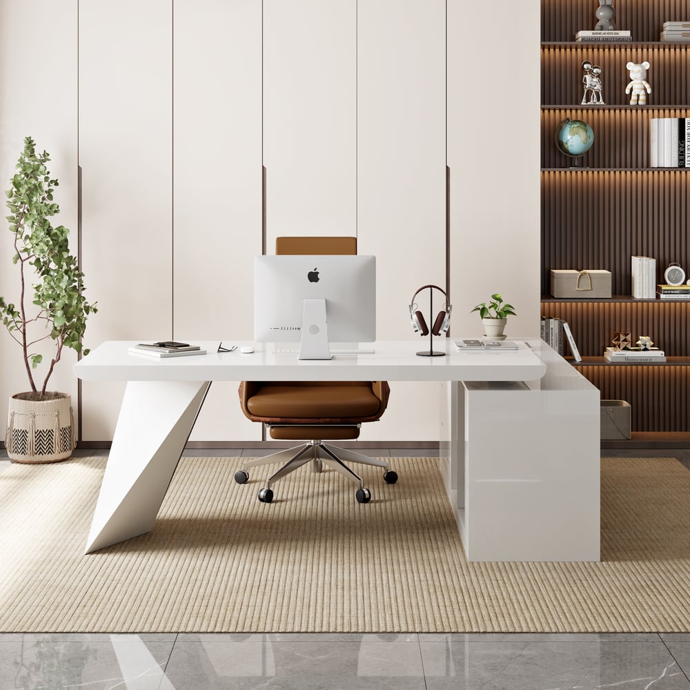 Modern White Large L-Shape Executive Desk with Drawers & Leather Office Desk Chair Set window image