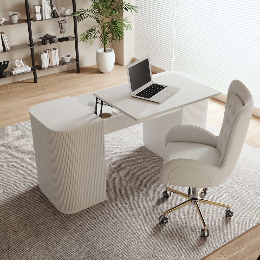 Modern White Standing Computer Desk & Swivel White Leather Office Desk Chair Set window image