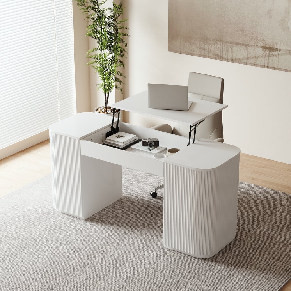 Modern White Standing Computer Desk & Swivel Khaki  Leather Office Desk Chair Set window image