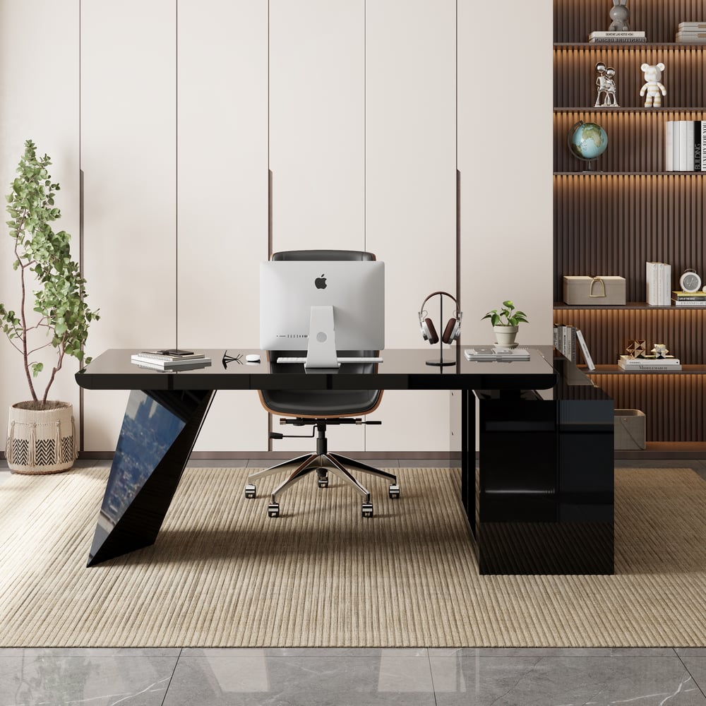 Modern Black L-Shape Executive Desk with Drawers & Black Faux Leather Office Desk Chair window image