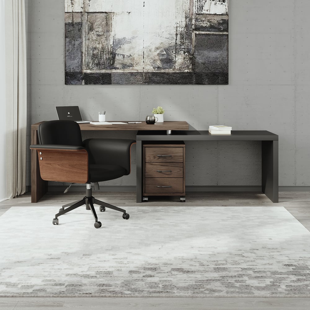 Modern Rotatable L-Shaped Executive Desk & Swivel Black Faux Leather Office Chair Set window image