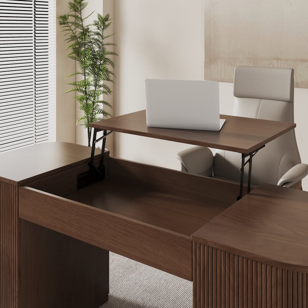 Modern Walnut Standing Writing Desk & Reclining Leather Office Desk Chair Set (59.8" ) window image