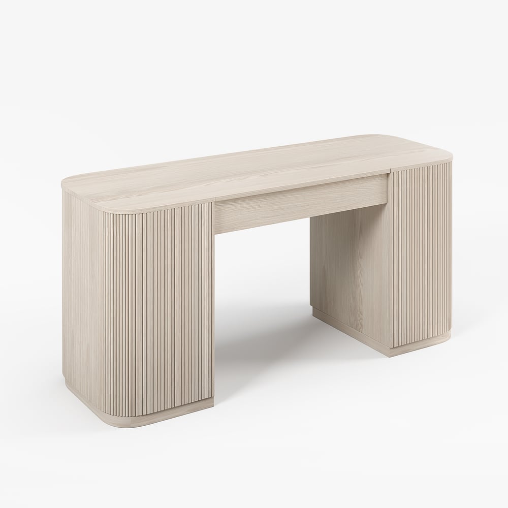 Modern Wash White Standing Computer Desk & Reclining Khaki Leather Office Desk Chair Set window image