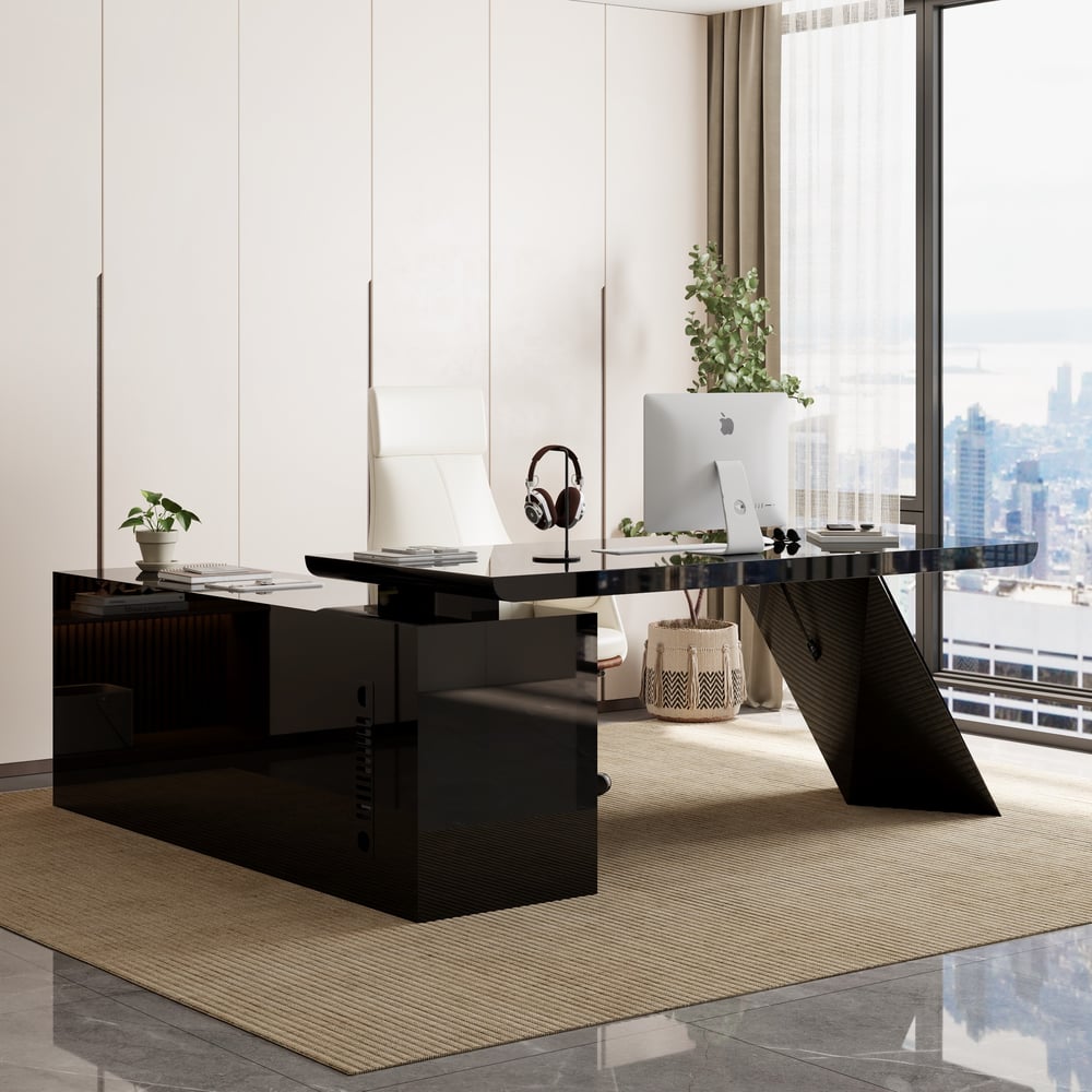 Modern Black L-Shape Executive Desk with Drawers & Swivel Leather Office Desk Chair Set window image