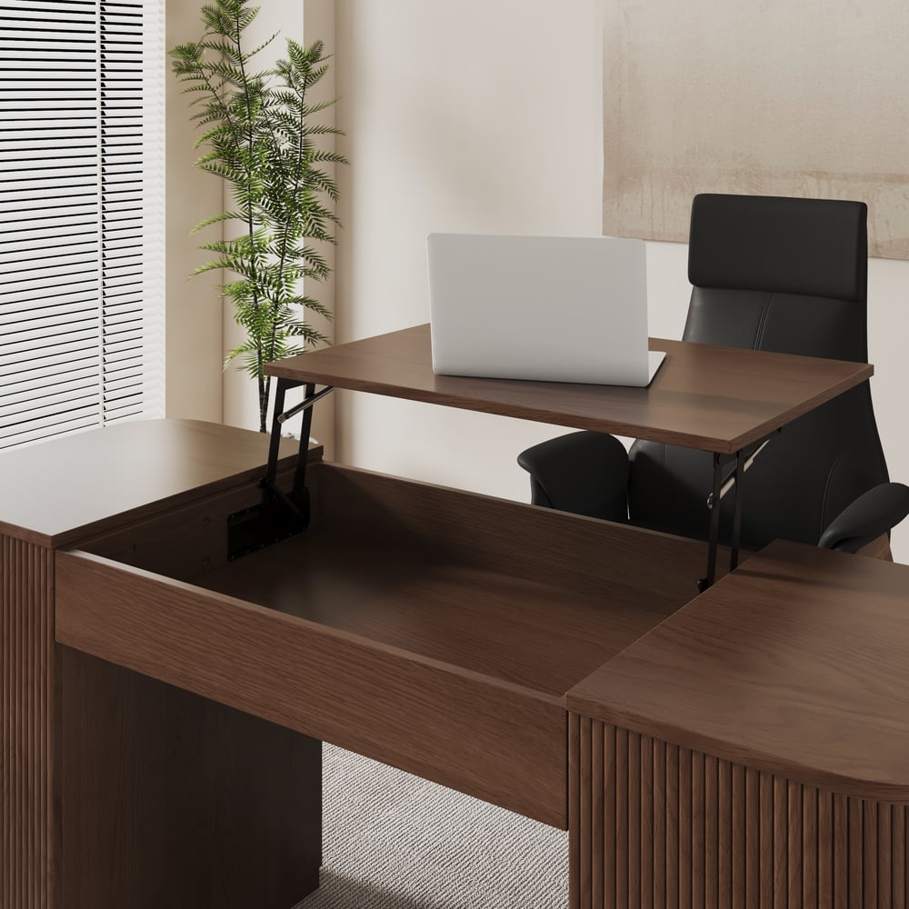 Modern Walnut Standing Writing Desk & Black leather Office Desk Chair Set (59.8" ) window image