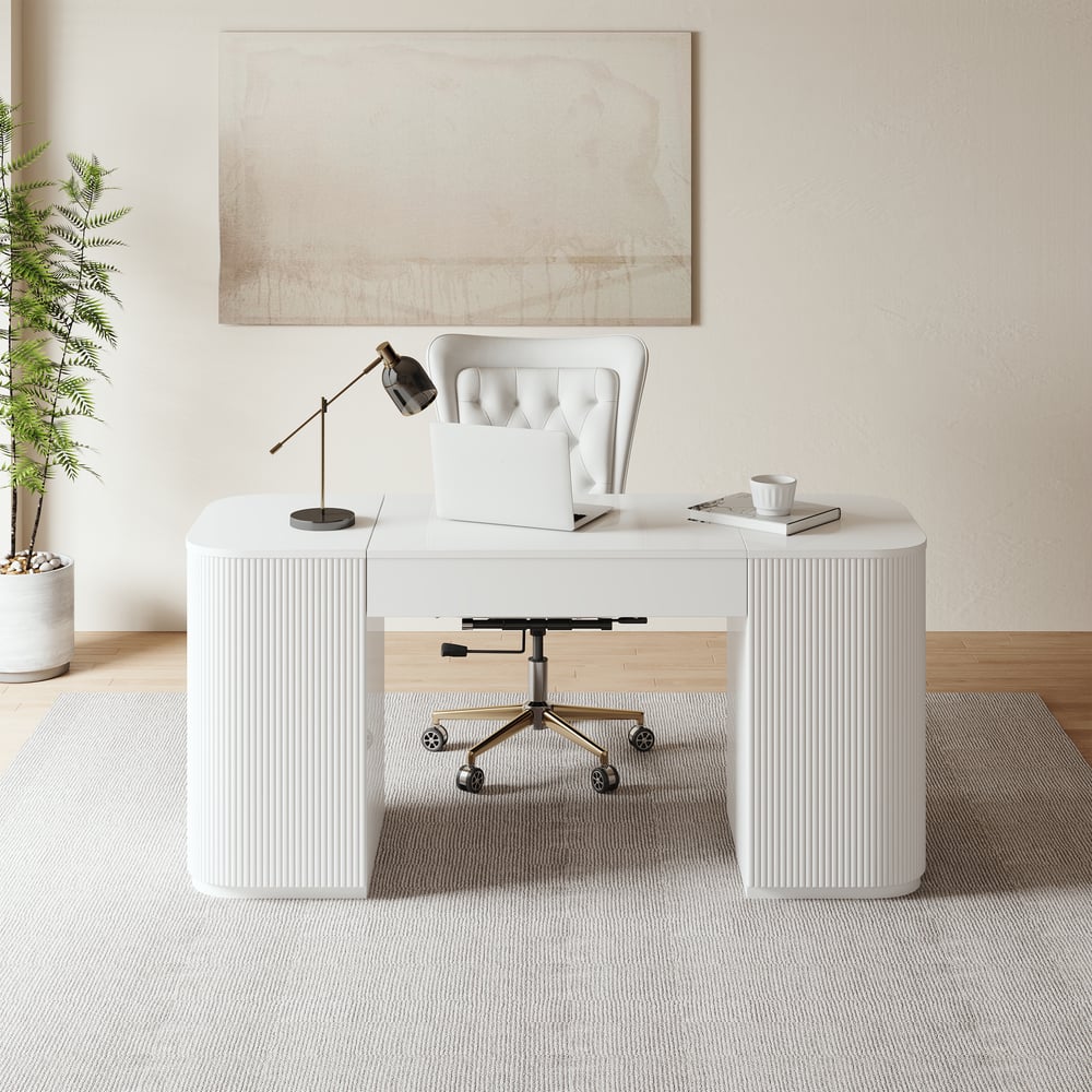 Modern White Standing Computer Desk & Swivel White Leather Office Desk Chair Set window image