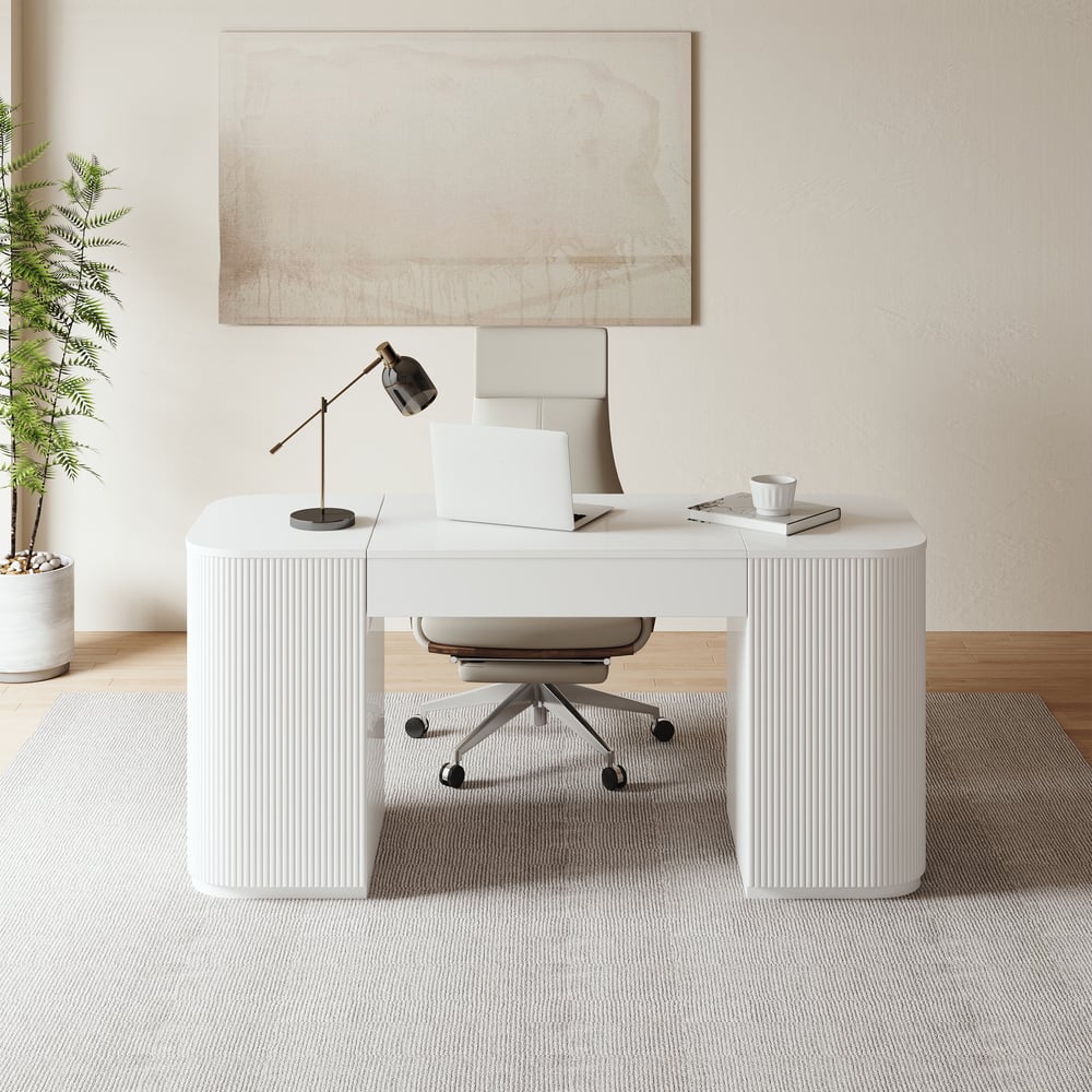 Modern White Standing Computer Desk & Swivel Khaki  Leather Office Desk Chair Set window image