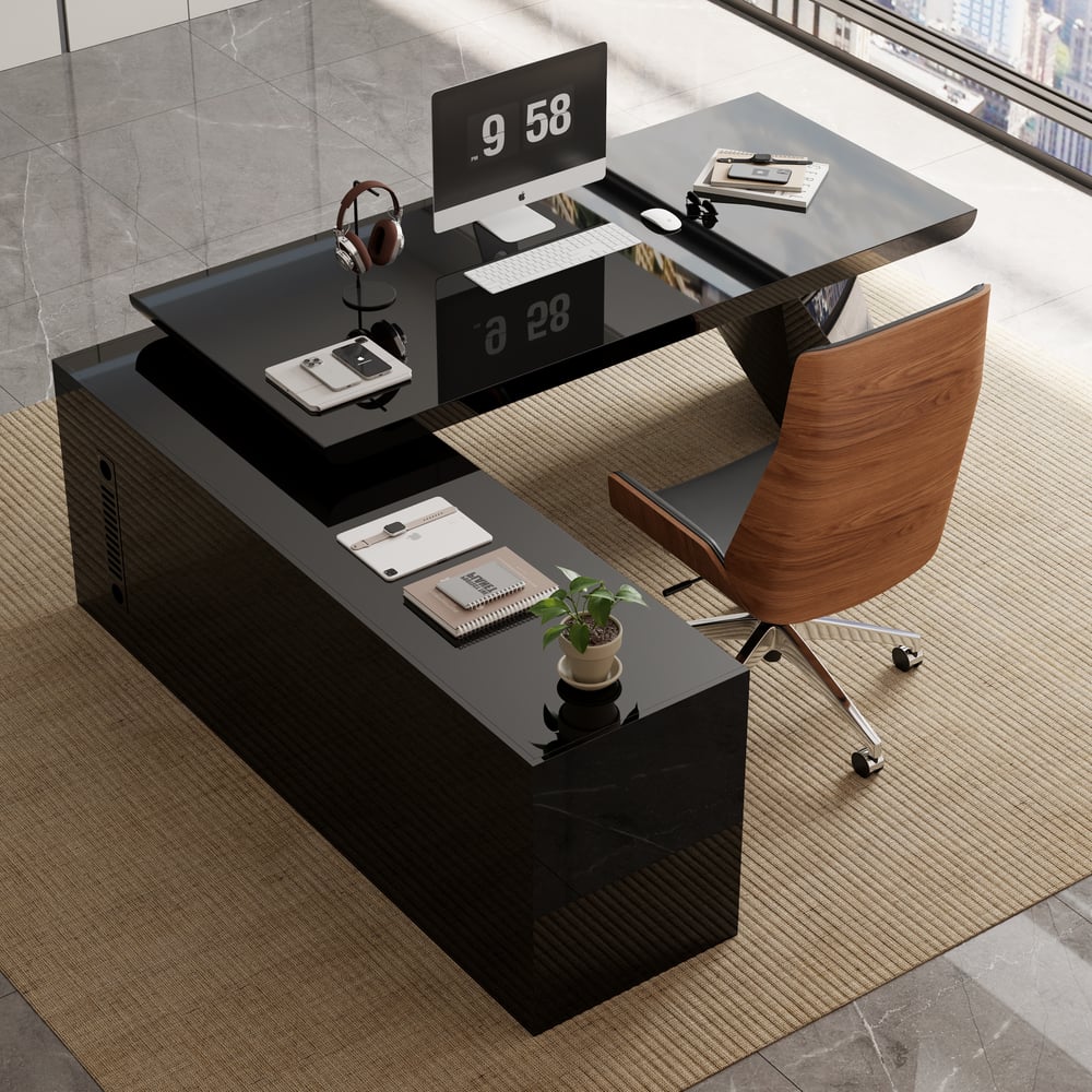 Modern Black L-Shape Executive Desk with Drawers & Black Faux Leather Office Desk Chair window image