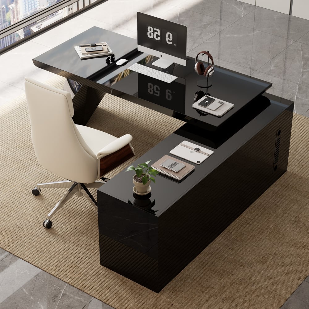 Modern Black L-Shape Executive Desk with Drawers & Swivel Leather Office Desk Chair Set window image