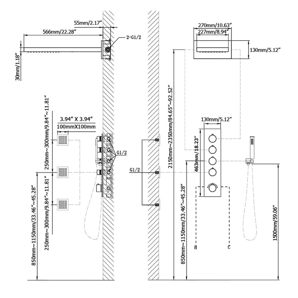 Wall Mounted Waterfall Rain Shower System with 3 Body Sprays in Matte Black Solid Brass weights dimensions image