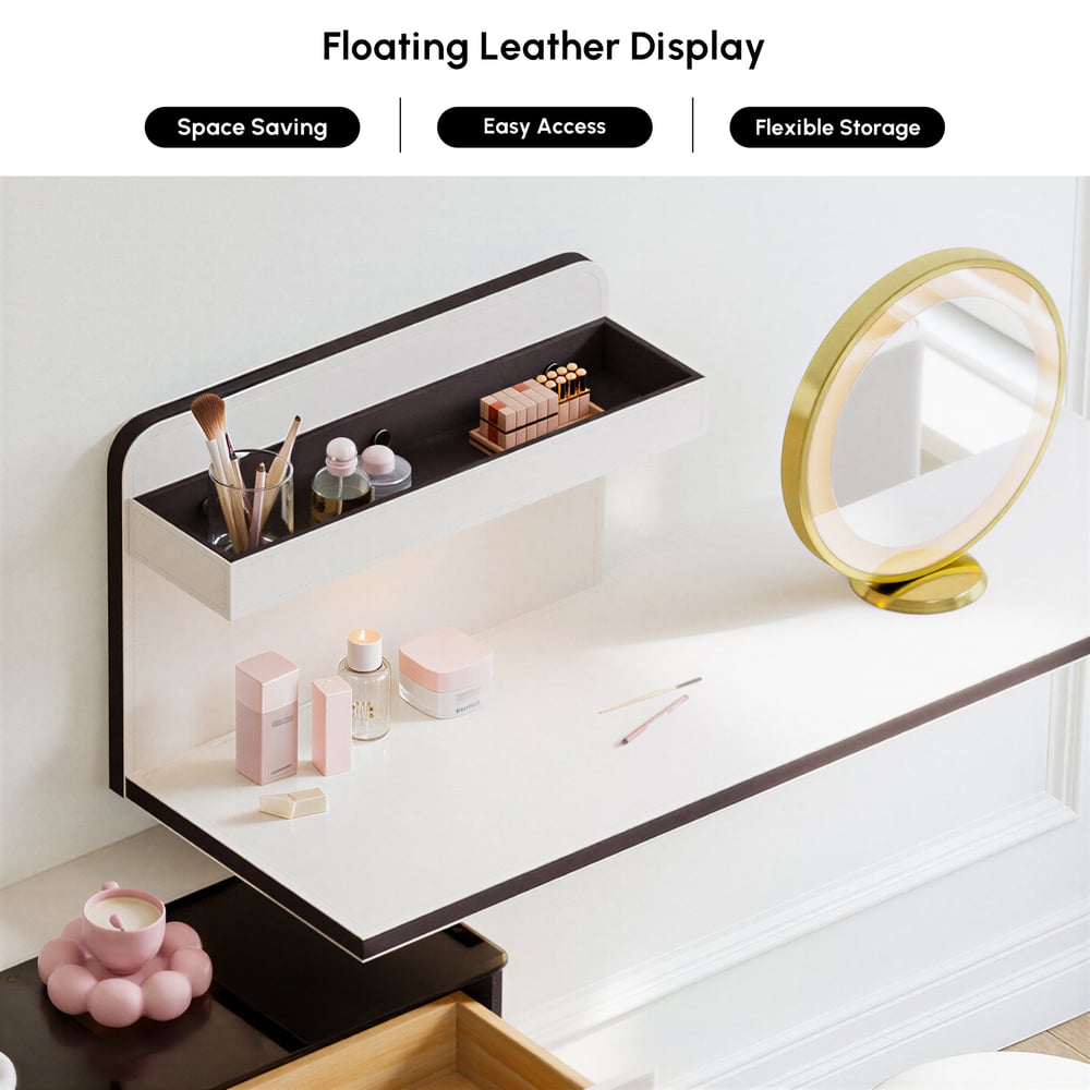 Saddle Leather Floating Makeup Vanity with Tempered Glass Top & Mirror window image