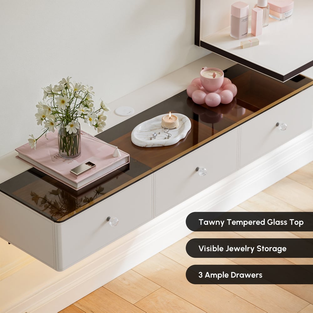 Saddle Leather Floating Makeup Vanity with Tempered Glass Top & Mirror window image